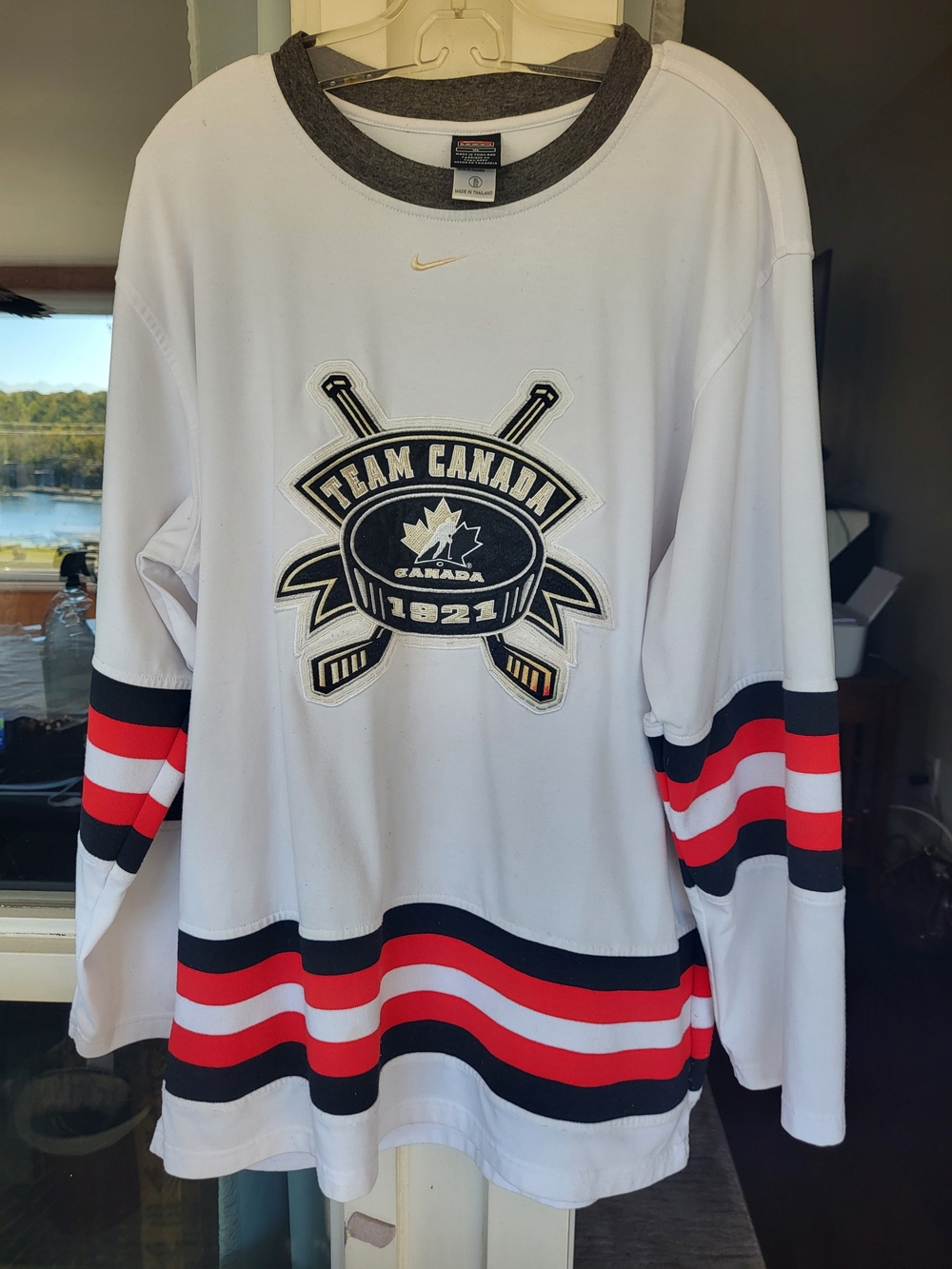 Nike White Team Canada Hockey Pullover with Red & Black Stripes